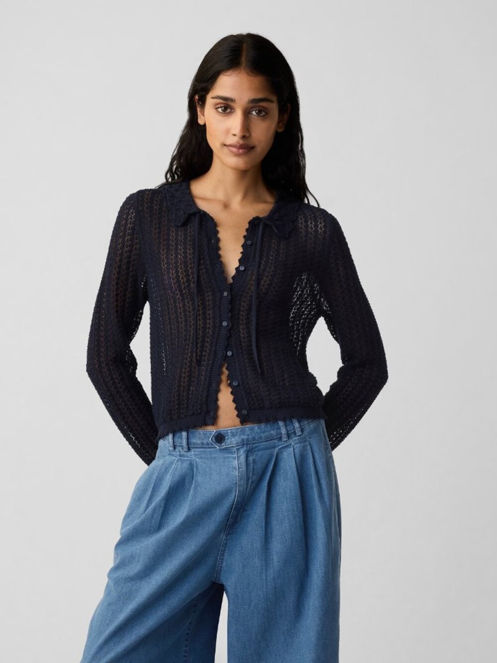 NWT GAP x Doen Linen-Blend Pointelle Cardigan in Navy Blue Sheer Sweater S
